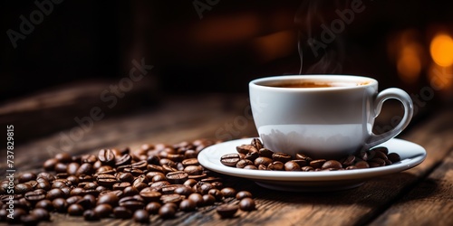 Black coffee cup on brown wood table with coffee bean