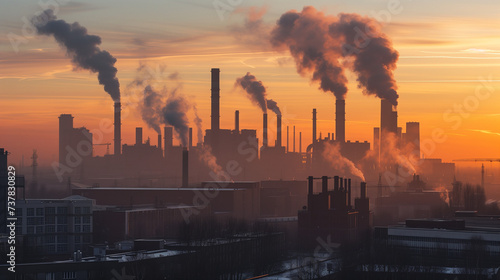 Panoramic view of a sprawling industrial complex  smokestacks  and structured buildings  under a dusky sky  symbolizing the scale and impact of industrial activity