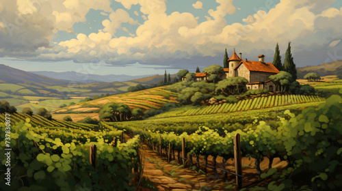 A painting of a vineyard with a house on top.