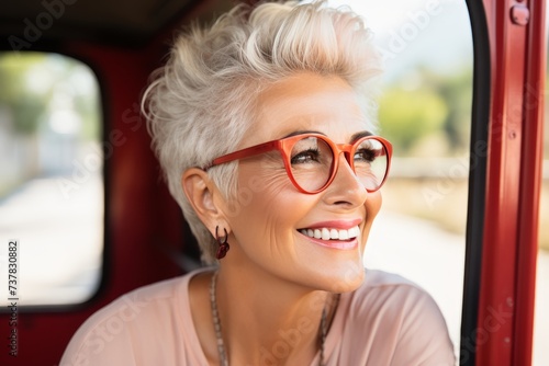 Happy senior woman choosing public transit to reduce air pollution and promote sustainable travel