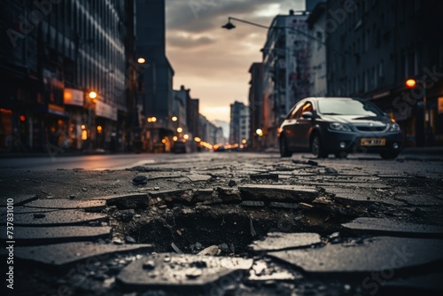 Poorly-maintained urban road with numerous potholes and severely damaged asphalt pavement photo