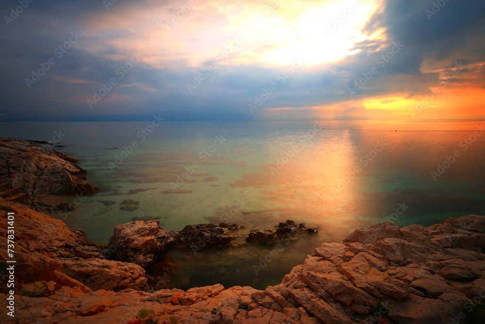 summer coast in Croatia, wonderful sunset view, Rabac resort, Croatia, Europe