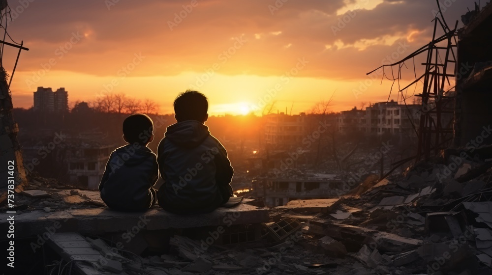 two boys sitting on a ledge looking at a destroyed city