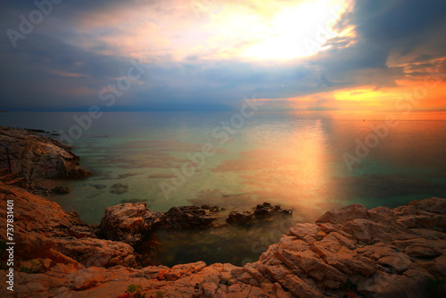 summer coast in Croatia, wonderful sunset view, Rabac resort, Croatia, Europe