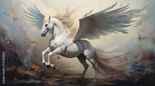 A painting of a white horse with wings 