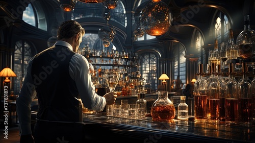A bartender shaking a cocktail at a high-end bar
