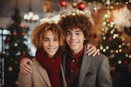 Cheerful homosexual couple enjoying each others company with warm embrace in cozy living room