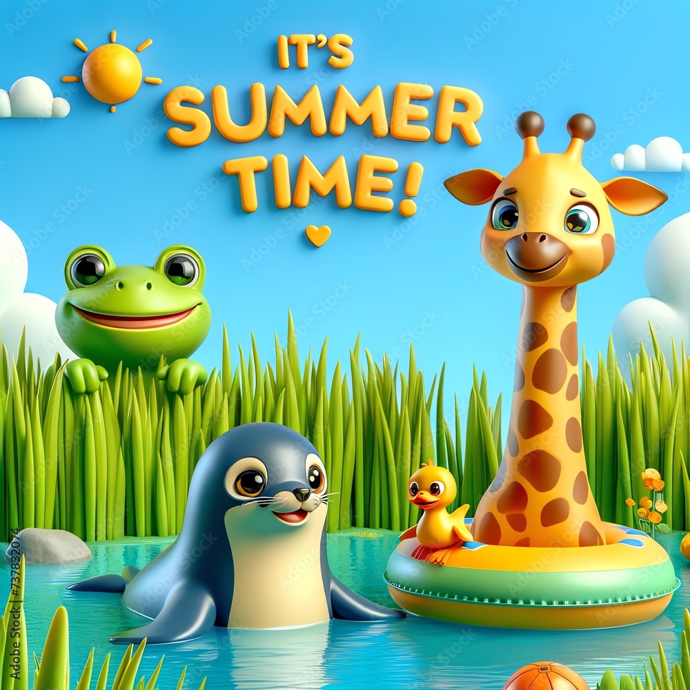 Naklejka premium 3D Animals Cartoon Characters Swimming in Lake