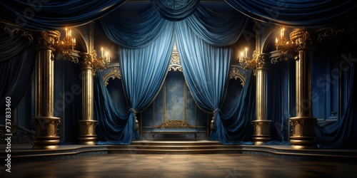 blue with golden curtain stage with frames photo