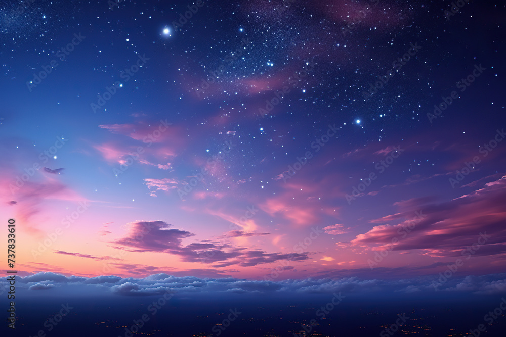 Beautiful cloudy sky with stars at sunset. Generated by artificial intelligence