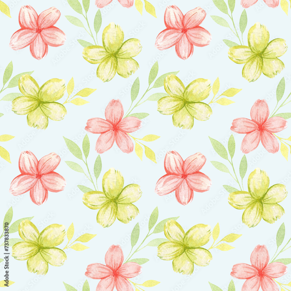 Watercolor seamless pattern with pink and green flowers. Cute spring print with flowers and green leaves. Design and design of packaging, background, stationery. Isolated illustration in pastel colors Watercolor seamless pattern with pink and green flowers. Cute spring print with flowers and green leaves. Design and design of packaging, background, stationery. Isolated illustration in pastel colors