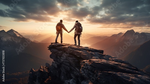 two people holding hands on a mountain