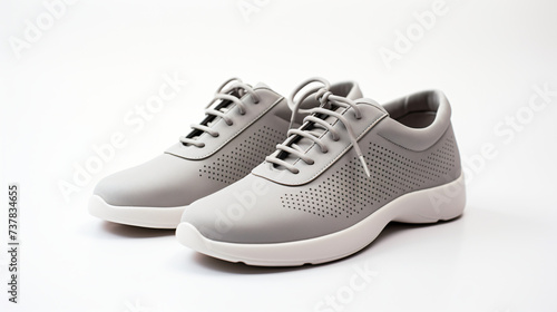 A pair of grey shoes on white background.
