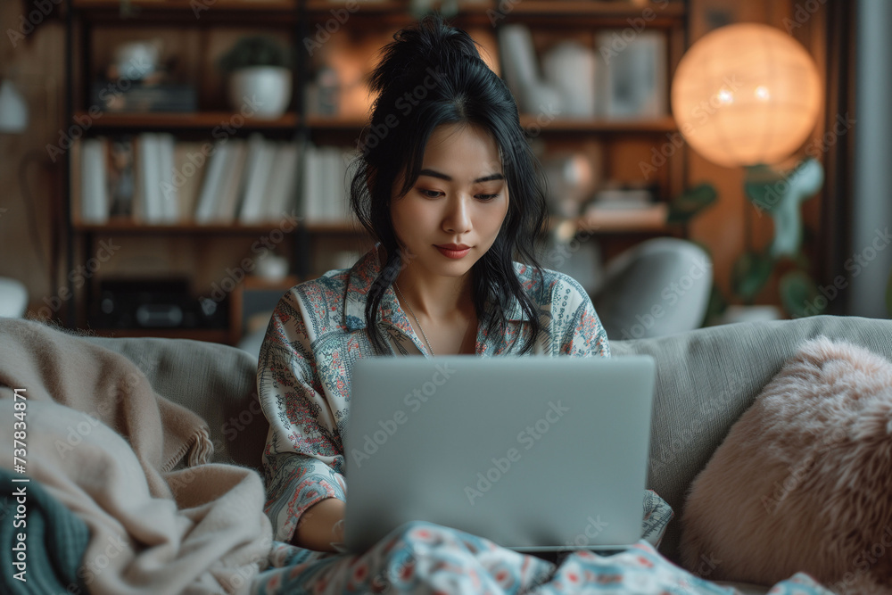 Woman working with laptop on the couch in the living room. Beautiful female enjoy doing job online. Woman working with laptop on the couch in the living room. Beautiful female enjoy doing job online.