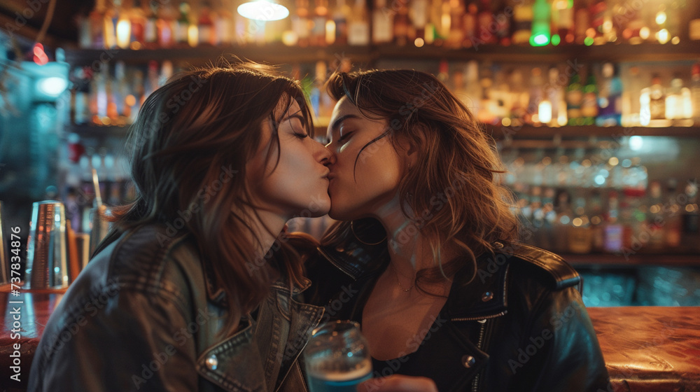 Two girls kissing in a bar Two girls kissing in a bar