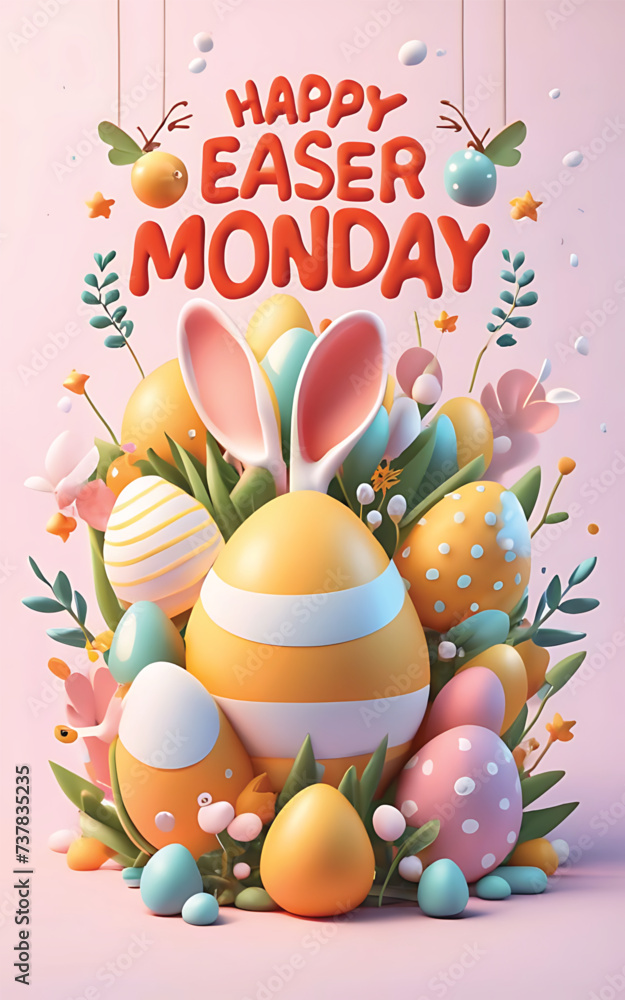 3D Easter monday poster template design with egg background