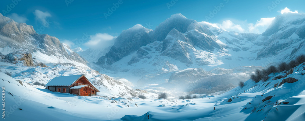 Luxury Wooden Cottage, Scenic Mountain Valley, Winter Resort. Connection to nature, mindfulness, blissful solitude. Sustainability, Wellness, Adventure. Dream Vacation, Eco Travel.  Alps at Dawn - obrazy, fototapety, plakaty 
