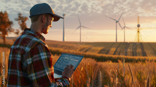 Service engineers checking system of windmill with tablet at sunset. Wind turbines generate electricity. Clean and Renewable energy concept. Sustainable energy