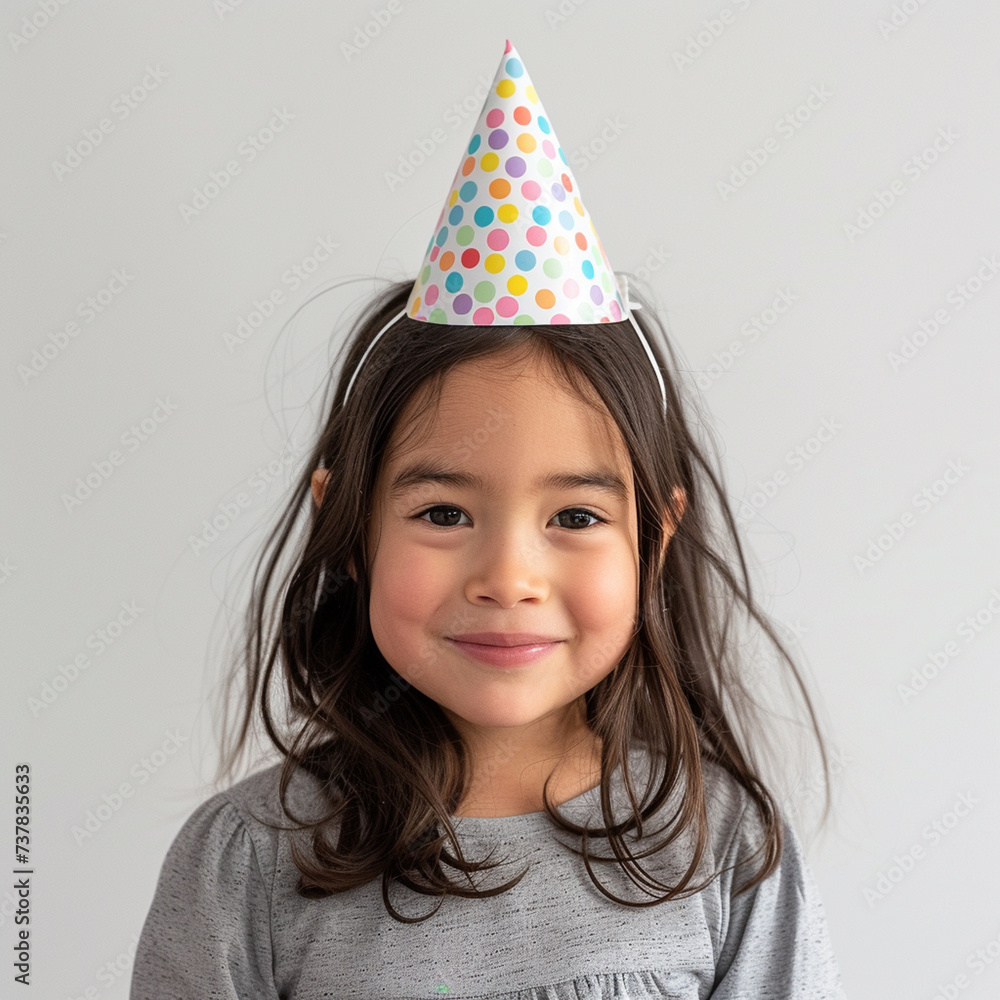 Smiling girl wearing a party hat on a white background Smiling girl wearing a party hat on a white background
