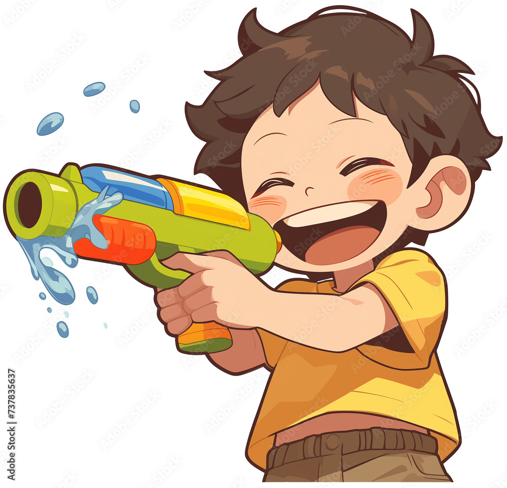 Joyful Cartoon Boy Playing with Water Gun on Transparent Background ...
