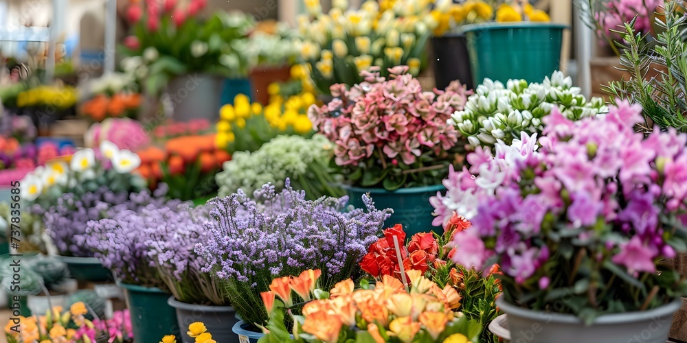 A vibrant flower market showcasing a variety of spring blooms in pots. Concept Spring Blooms, Flower Market, Potted Plants, Vibrant Colors, Floral Delights