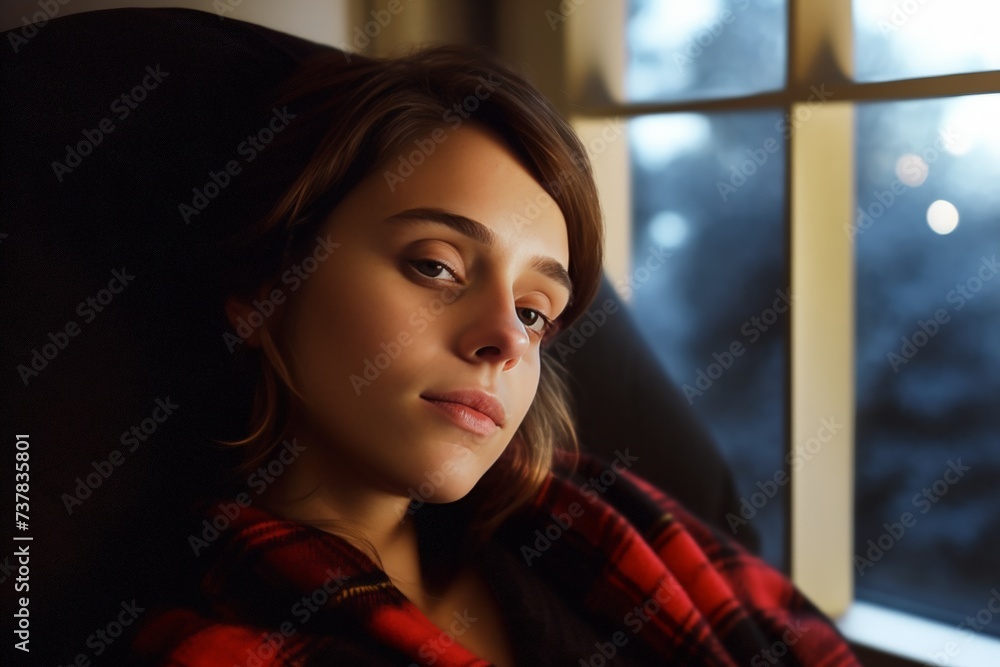 Contemplative Woman by Window. Generative AI.