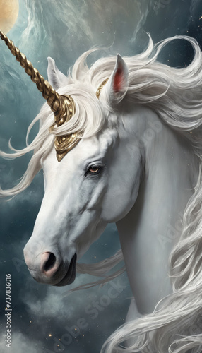 Fantasy Illustration of a wild unicorn Horse. Digital art style wallpaper background in pastel colors.