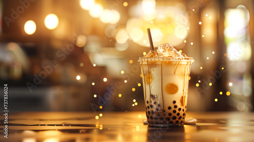 Refreshing iced milky bubble tea with tapioca pearls made with fresh fruit ingredients including raspberry, strawberry, kiwi, orange, apple and banana on beige sparkling background, copy space
