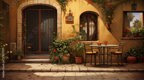 A patio with a table and chairs and a potted.