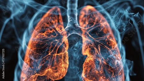 3D illustration of a human respiratory system with detailed lungs and bronchi highlighted by smoke.