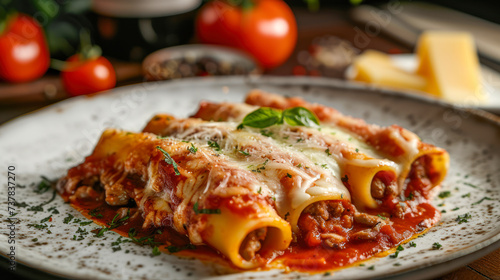 Mouthwatering Cannelloni pasta stuffed with meat, tomatoes and baked in Bolognese sauce with cheese on grey plate. Side view, close up. Traditional Italian cuisine. Restaurant menu, recipe.