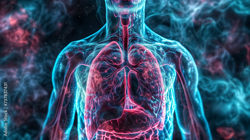 A detailed digital visualization of the human respiratory and digestive systems with a focus on internal organs. - obrazy, fototapety, plakaty 