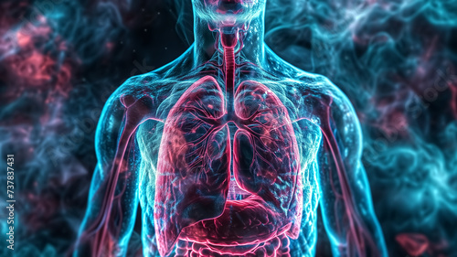 A detailed digital visualization of the human respiratory and digestive systems with a focus on internal organs. photo