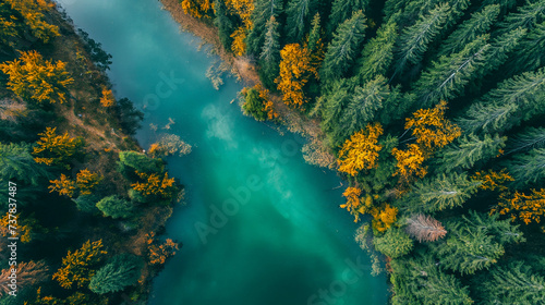 Aerial View of Beautiful Nature Reserve, Scenic Landscape, Outdoor Adventure. Sustainability, Ecology, Connection to Nature. Modern Travel. Wellness, Mindfulness. Clean Air, Wildlife, Biodiversity. 