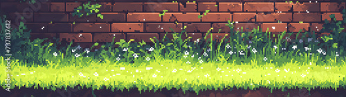 brick wall with grass background, background with a ratio size of 32:9