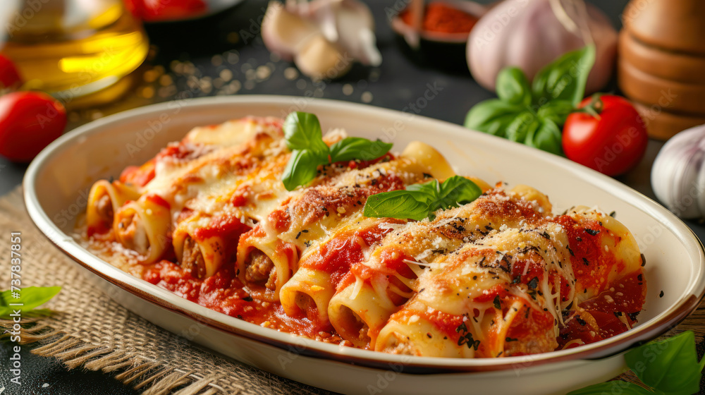 Portion of cannelloni with meat, tomato sauce and cheese on a white plate, close up. Italian cuisine concept. Restaurant menu, recipe. Meat cannelloni with sauce bechamel. Portion of cannelloni with meat, tomato sauce and cheese on a white plate, close up. Italian cuisine concept. Restaurant menu, recipe. Meat cannelloni with sauce bechamel.