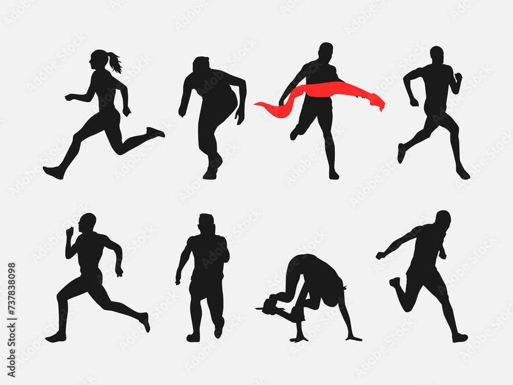set of silhouettes of sprinter runner with different poses, gestures. isolated on white background. vector illustration.