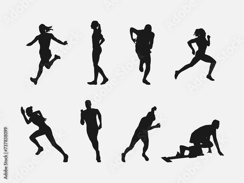 set of silhouettes of sprinter runner with different poses, gestures. isolated on white background. vector illustration.