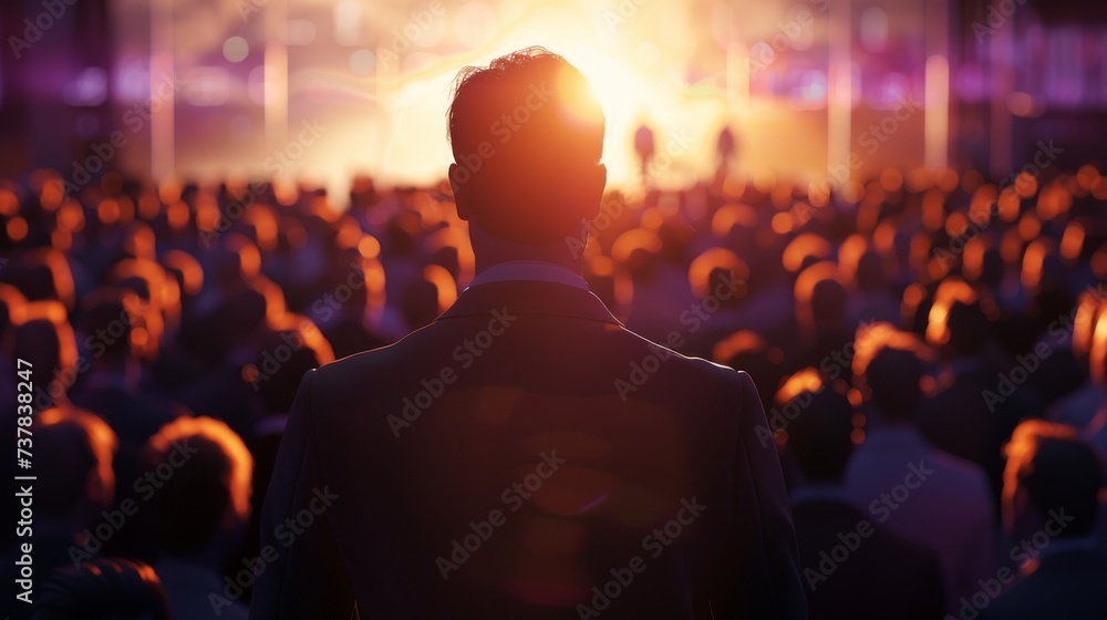 a man in a business suit on stage speaking to a large crowd of people - obrazy, fototapety, plakaty 
