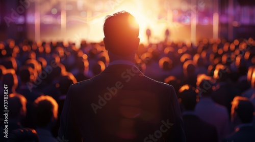 a man in a business suit on stage speaking to a large crowd of people