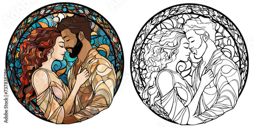 A Loving Couple Close Together with Presents Coloring Page Stained Glass Vector Art