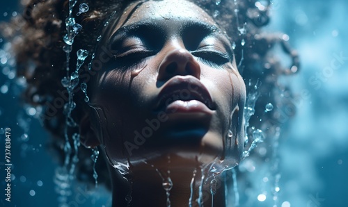a woman with water drops on her face