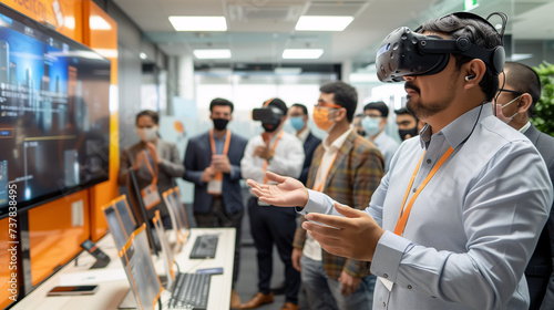 Professionals in a corporate training session use VR to navigate leadership challenges and manage virtual teams. photo