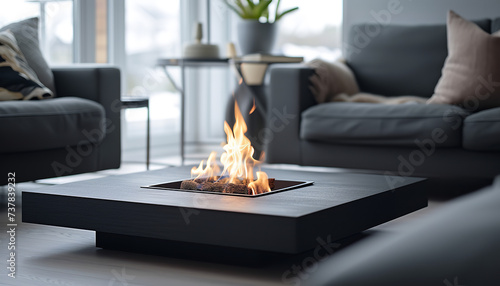 Bioethanol Fireplace on a Coffee Table in Modern Living Room - wide format