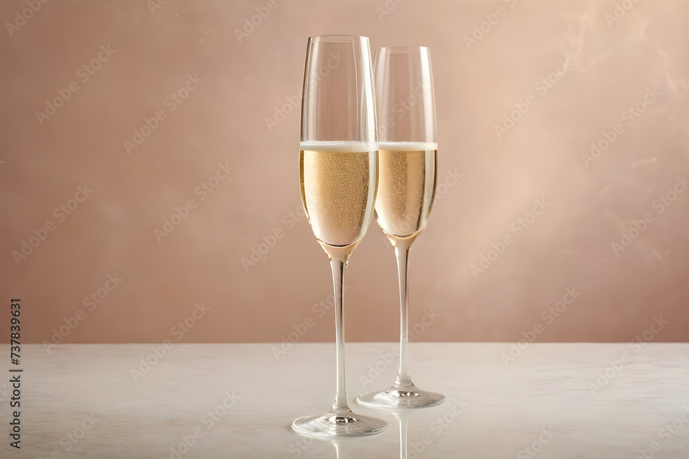 Fototapeta premium Two champagne glasses awaiting a celebratory toast, crystal clarity, simplistic elegance, on a soft-focused, single-color background, hues of gentle pastels. Generative AI