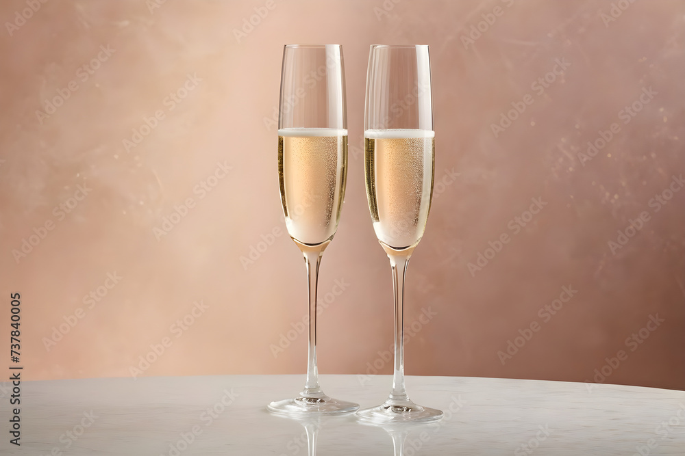 Two champagne glasses awaiting a celebratory toast, crystal clarity, simplistic elegance, on a soft-focused, single-color background, hues of gentle pastels. Generative AI Two champagne glasses awaiting a celebratory toast, crystal clarity, simplistic elegance, on a soft-focused, single-color background, hues of gentle pastels. Generative AI