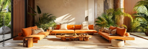 Modern tropical living room design with comfortable orange sofas and lush greenery in an open space. © weerasak