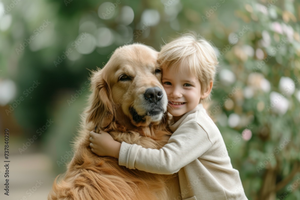 Cute boy playing with golden retriever dog outdoor 