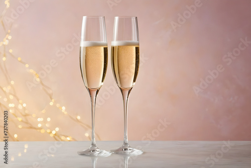 Two champagne glasses awaiting a celebratory toast, crystal clarity, simplistic elegance, on a soft-focused, single-color background, hues of gentle pastels. Generative AI