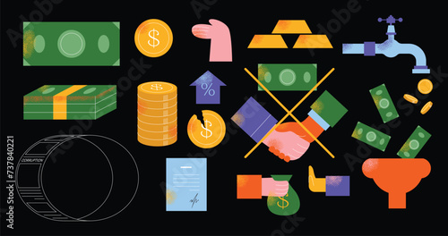 Finance icon set. Containing loan, cash, saving, financial goal, profit, tax, budget, mutual fund, corruption collection. Vector modern illustration isolated on black background